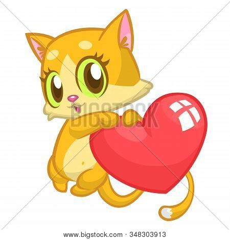 Cartoon Cute Kitty In Love And Holding A Heart Love. Illustration For St Valentines Day.