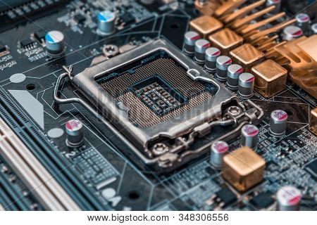Motherboard Socket Its Micro Components And Electronics Elements Close-up