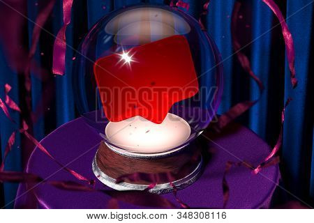 Magic Ball Fortune Teller With Speech Bubble Inside On Violet Cloth, 3d Rendering. Copy Space. Empty