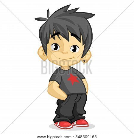 Cute L Cartoon Ittle Boy With Black Hair Dressed In Black Standing And Smiling