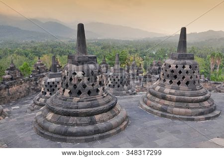Stupas At Borobudur Temple In Yogjakarta Indonesia.