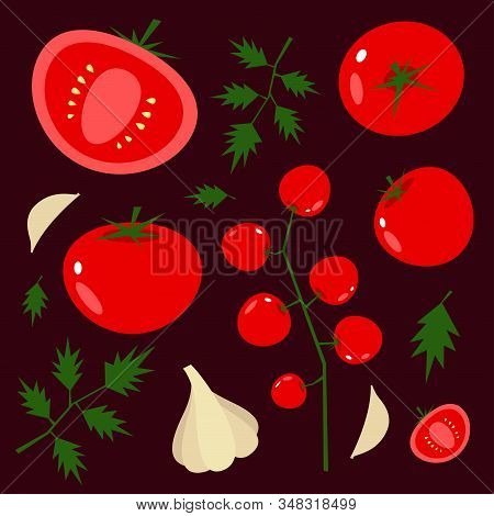 Tomatoes, Garlic, Herbs, Cherry Tomatoes. Vector Illustration Of Flat Design