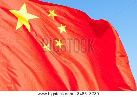 Red Color National Flag Of China Country Is Blowing, Background