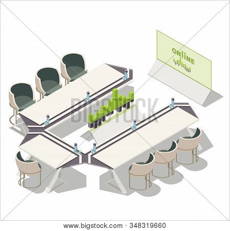 Vector Isometric Office, Meeting Room, Conference Room Interior. Tv Screen Showing Diagram Charts , 