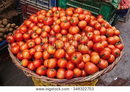 Fresh Red Tomatoes For Sale At A Local Indian Food Market