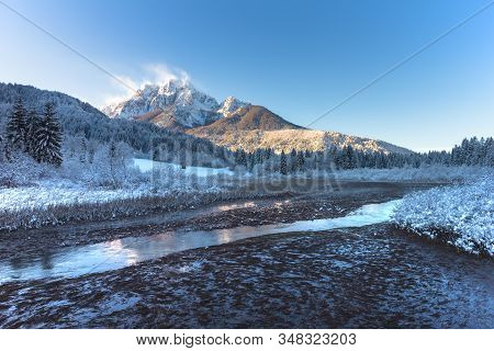 Zelenci Springs Nature Reserve Near Kranjska Gora, Slovenia In Winter. Sunny Morning With Fresh Snow