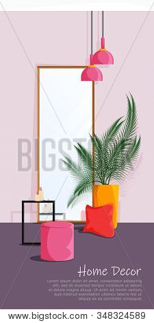 Vector Bedroom Corner Interior In Flat Style. Beautiful Place With Mirror, Table, Puff, Plant Chrysa