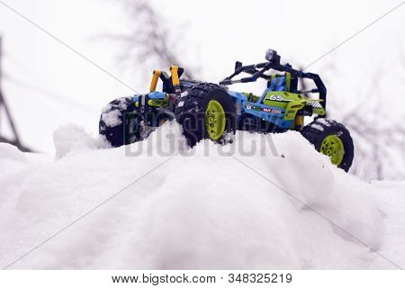 Tambov, Russian Federation - January 28, 2020 Lego Technic Formula Off-roader On Snow Hill Outdoors.