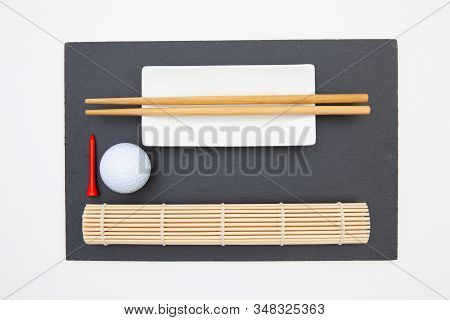Rectangular Slate Plate With Chopsticks For Sushi And Golf Ball. Golf Design