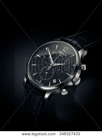 Bangkok, Thailand -07 Sept 2019:the Tissot Automatic Watch On Black Background. Tissot Is A Luxury S