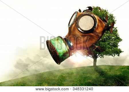 Tree With Gas Mask In Smog, Global Warming Due To Air Pollution, White Background