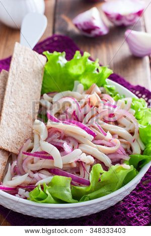 Pickled Squid Salad With Onions, Selective Focus