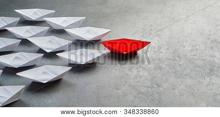 Business Leadership Concept, Paper Boat, The Key Opinion Leader, The Concept Of Influence. One Red P