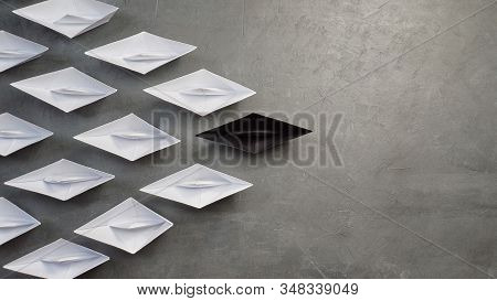 Business Concept, Paper Boat, The Key Opinion Leader, The Concept Of Influence. One Black Paper Boat