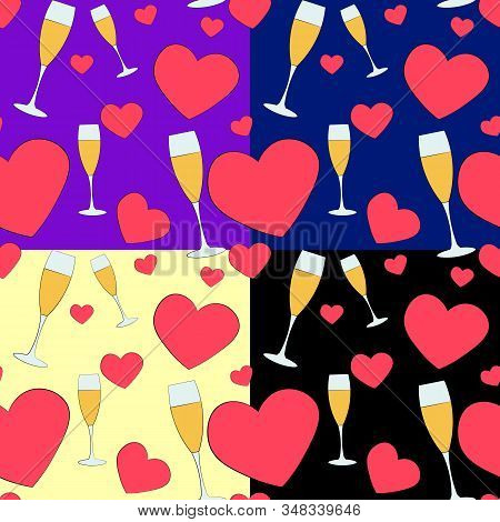 Vector Seamless Pattern. Pattern With Hearts And Champagne. Seamless Background For Valentines Day O