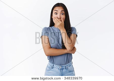 Cute Asian Girl Heard Someone Being Shockingly Rude, Gasping Ambushed And Surprised, Cover Opene Mou