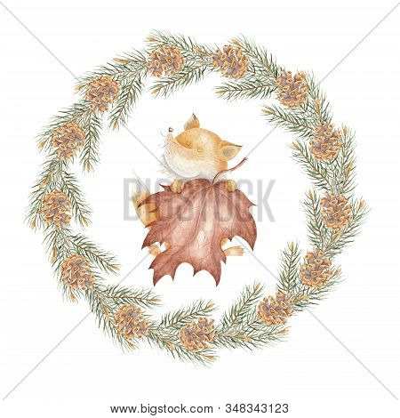 Cute Round Wreath Made Of Fir Branches And Fox In The Middle. Isolated On A White Background. Waterc