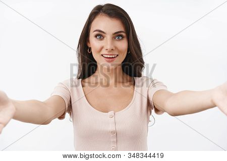 Welcome, Come Inside. Hospitable Cute, Feminine Girlfriend Inviting, Stretch Hands To Give Warm Swee
