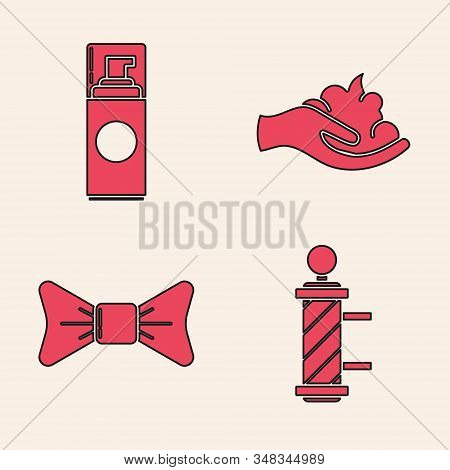 Set Classic Barber Shop Pole, Shaving Gel Foam, Shaving Gel Foam On Hand And Bow Tie Icon. Vector