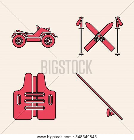 Set Surfboard, All Terrain Vehicle Or Atv Motorcycle, Ski And Sticks And Life Jacket Icon. Vector