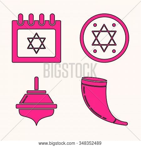 Set Traditional Ram Horn, Shofar, Jewish Calendar With Star Of David, Jewish Coin And Hanukkah Dreid