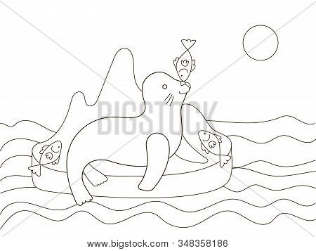 Vector Beautiful Coloring Book For Adults And Children With A Fur Seal And Fish On The Island Among