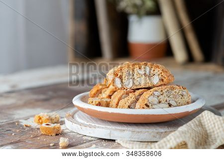 Carquinyolis, A Typical Pastry Of Catalonia, Spain On Rustic Background, Space For Text.