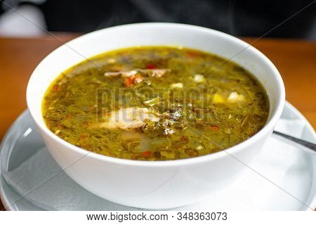 Chakapuli, Meat And Greens Soup In White Plate, Georgian Traditional Food