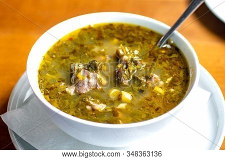 Chakapuli, Meat And Greens Soup In White Plate, Georgian Traditional Food