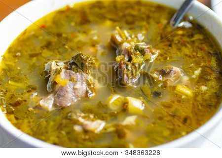 Chakapuli, Meat And Greens Soup In White Plate, Georgian Traditional Food