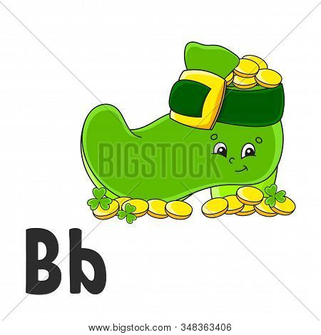 Alphabet Letter B. Leprechaun Boot With Coins. Abc Flash Cards. Cartoon Cute Character Isolated On W