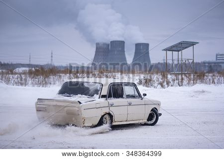 Russia, Novosibirsk - November 30, 2019. Russian Old White Car 