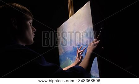 Artist Copyist Paint Seascape With Ship In Ocean. Craftsman Decorator Draw As Boat Sail On Blue Sea 