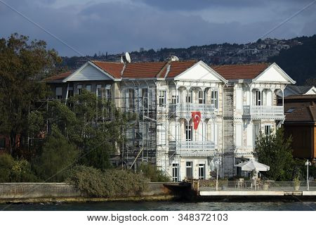 Kiosks In The Bosphorus. Photographed From The Ship In The Bosphorus. On A Sunny Day.