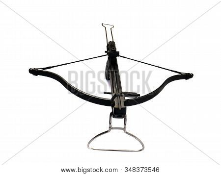 Sports Crossbow On A White Background. Shot From A Crossbow. Isolated Black Little Crossbow. View Fr