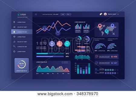 Dashboard Ui. Admin Panel Vector Design Template With Infographic Elements, Hud Diagram, Info Graphi