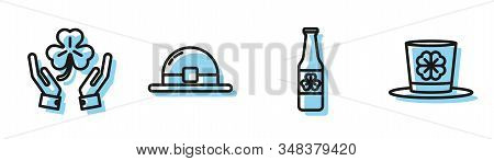 Set Line Beer Bottle With Four Leaf Clover, Human Hands Holding Four Leaf Clover, Leprechaun Hat And