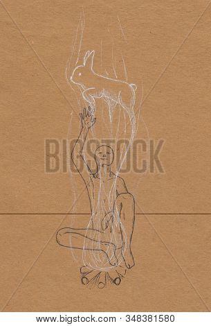 Esoteric And Magic Illustration Of A Human In Graphics. Shaman Communicates With Spirits. Figure Bla