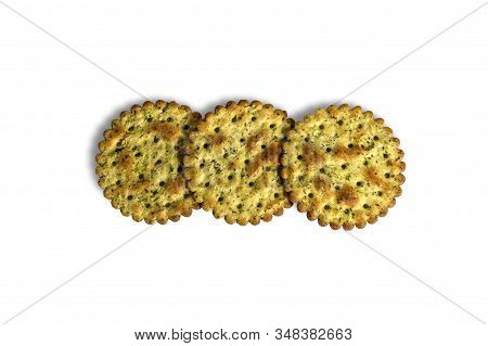 Threewo Round Cracker With Herbs And Cheese Isolated On A White Background. Top View