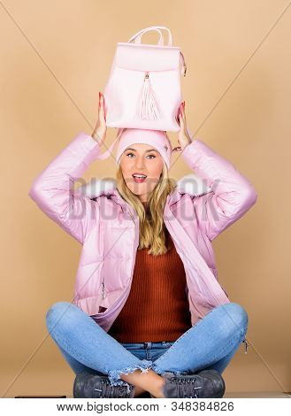 Fashion Accessory. Girl Adorable Model Showing Her Fancy Leather Backpack. Backpack Is All You Need.