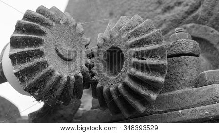 Two Old Stone Gears With Cobwebs That Mesh