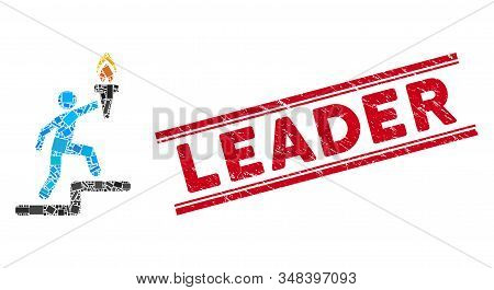 Mosaic Leader With Torch Pictogram And Red Leader Stamp Between Double Parallel Lines. Flat Vector L