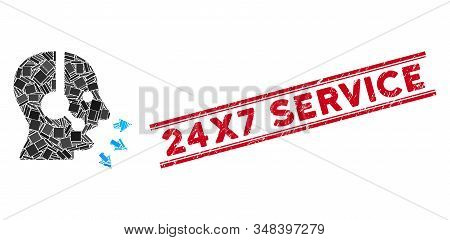 Mosaic Operator Speak Icon And Red 24x7 Service Seal Stamp Between Double Parallel Lines. Flat Vecto