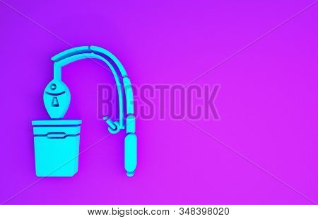 Blue Fishing Rod And Fish Icon Isolated On Purple Background. Put Fish Into A Bucket. Fishing Equipm