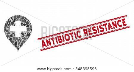 Mosaic Medical Cross Marker Pictogram And Red Antibiotic Resistance Seal Stamp Between Double Parall
