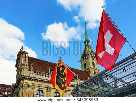 Church Holy Spirit And Fragment Of Railway Station Bahnhofplatz Bern