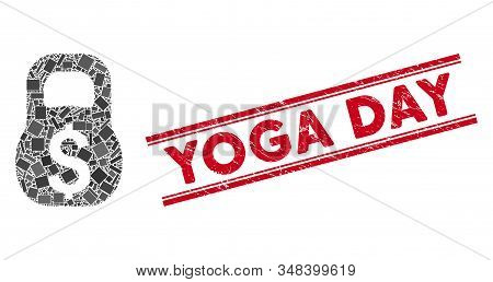 Mosaic Financial Weight Icon And Red Yoga Day Seal Stamp Between Double Parallel Lines. Flat Vector 