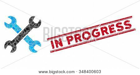 Mosaic Wrenches Icon And Red In Progress Rubber Print Between Double Parallel Lines. Flat Vector Wre