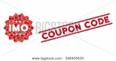 Mosaic Imo Token Icon And Red Coupon Code Rubber Print Between Double Parallel Lines. Flat Vector Im