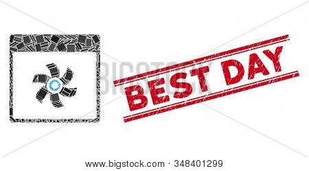Mosaic Fan Calendar Page Pictogram And Red Best Day Seal Stamp Between Double Parallel Lines. Flat V